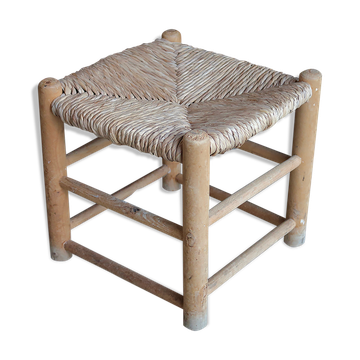 Tabouret paillé bas en bois, années 50