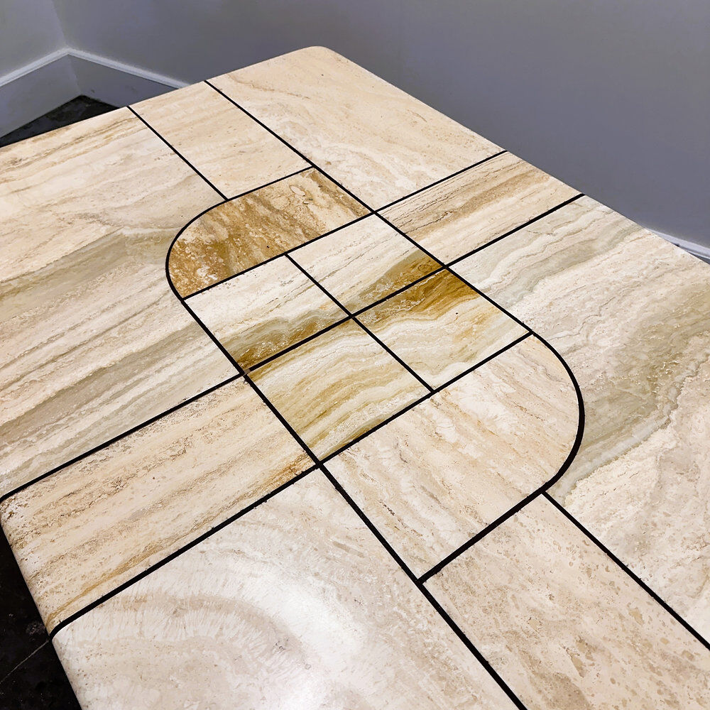 1970s travertine coffee table with sculptural top and solid oak base