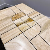 1970s travertine coffee table with sculptural top and solid oak base