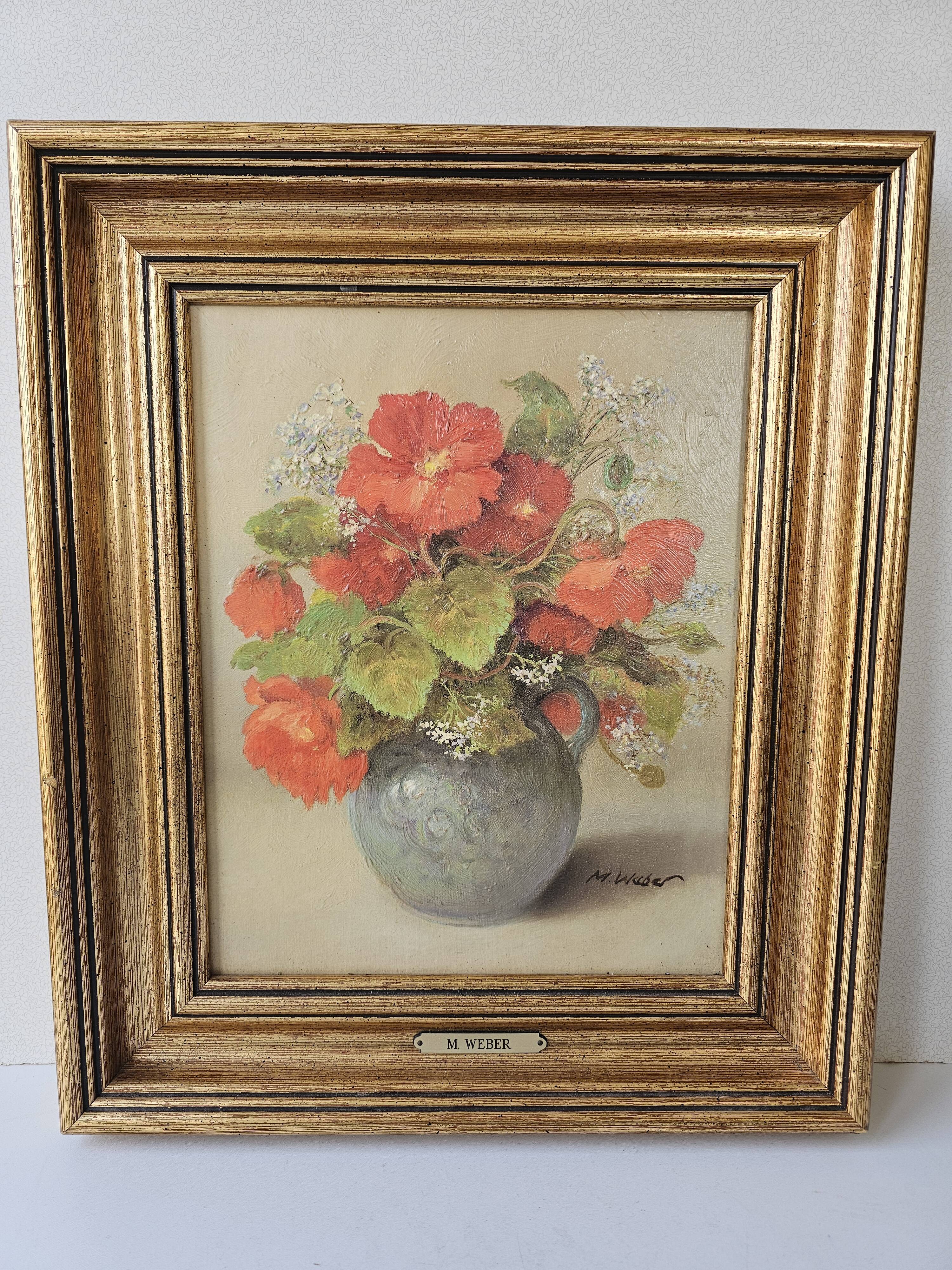 Oil painting on canvas - Bouquet of flowers Signed M Weber (Waber)