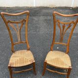 Paire de Chaises Vintage Art Nouveau en Bois Clair et Assise Paille Tressée
