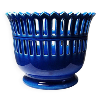 Lattice cache-pot in Malicorne faience by Moreau-Bourg-Joly peacock blue