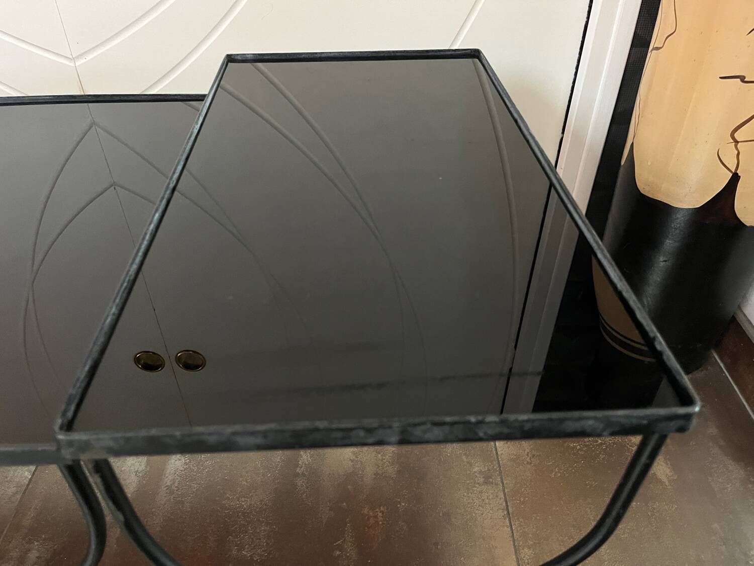 3 nesting tables 1950 Jean Royère wrought iron black opaline vintage