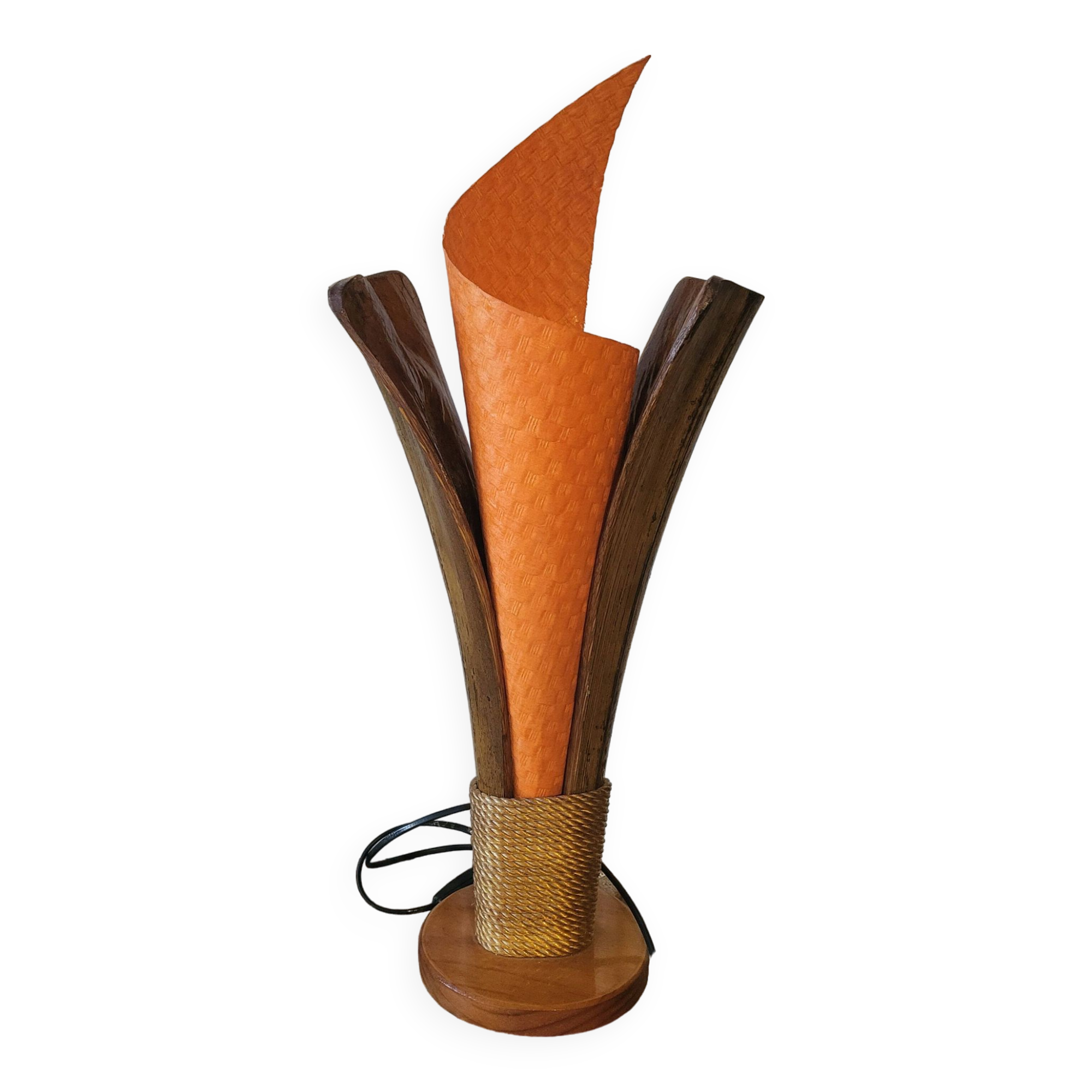Vintage flame table lamp in palm wood, 1980s