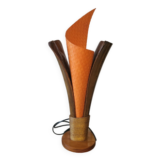 Vintage flame table lamp in palm wood, 1980s