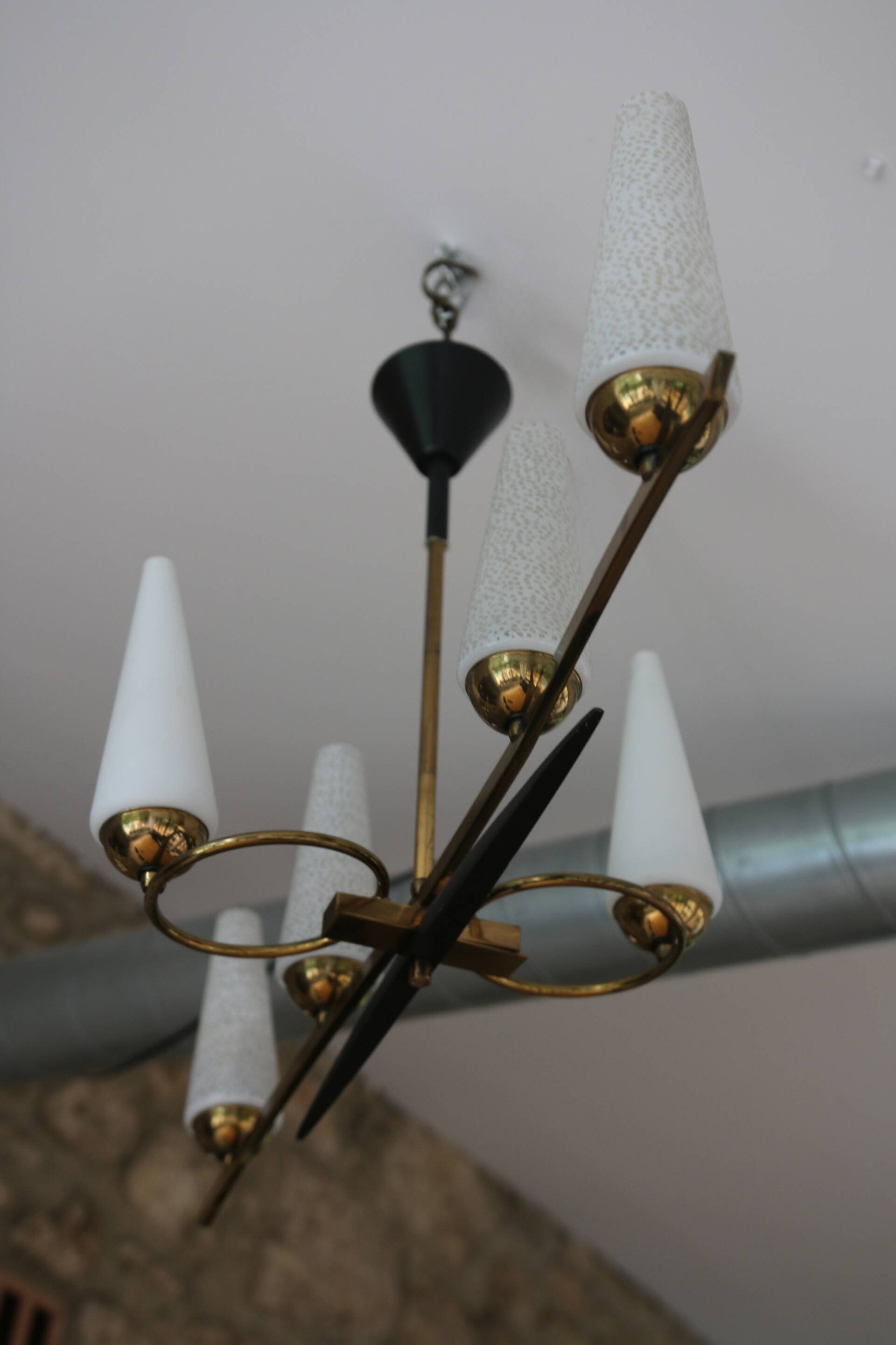 Mid-Century 6-Light Chandelier - Opaline and Brass