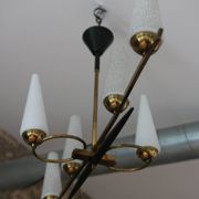Lustre 6 feux Mid-Century - Opaline et laiton - Style Lunel - Arlus