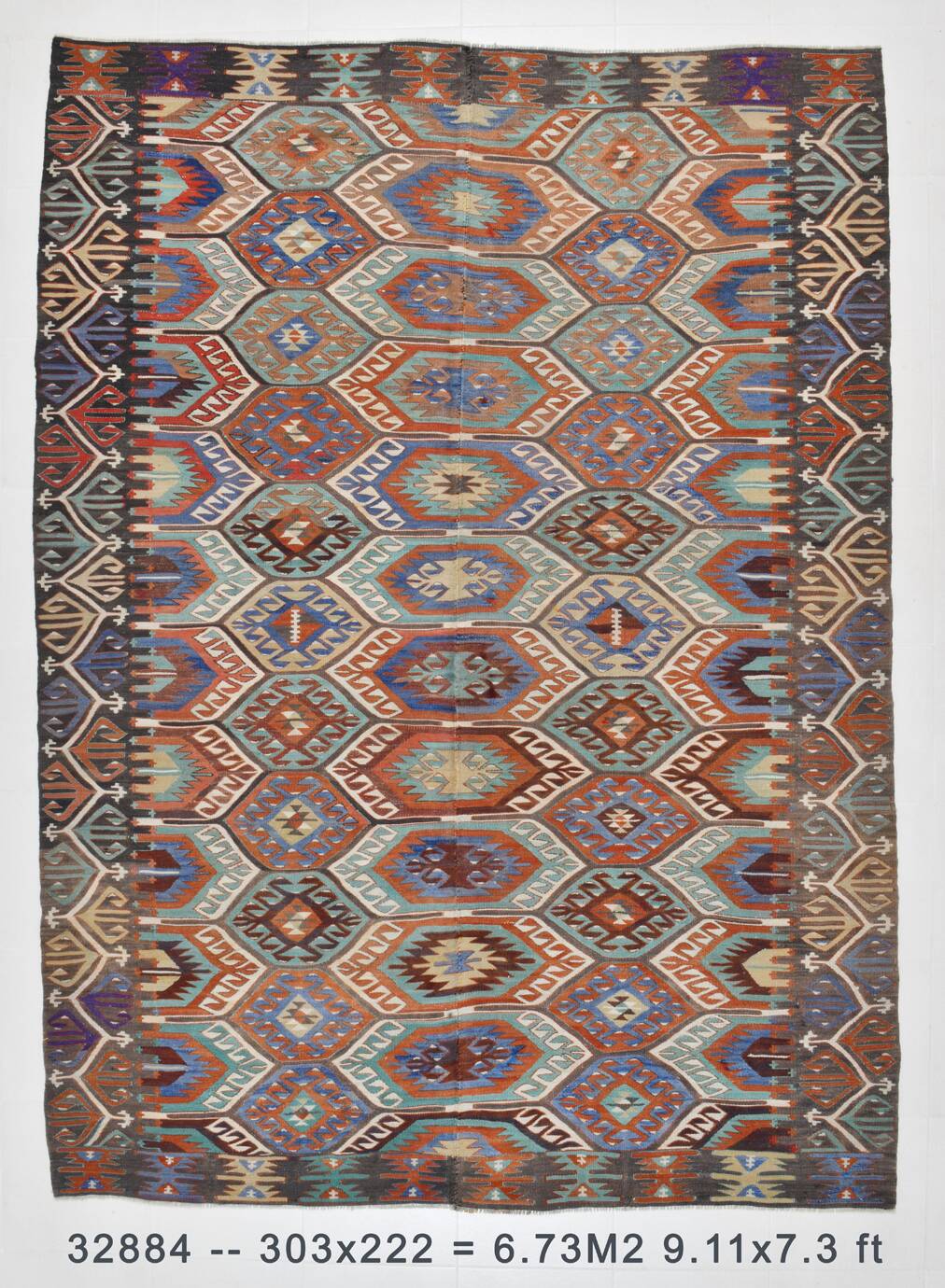 7x10 Green & Blue Geometric Pattern Kilim Rug, 222x303Cm