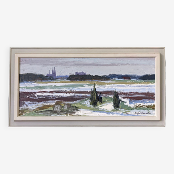 Peinture à l’huile de paysage moderne suédoise moderne du milieu du siècle Vintage Expressive Paysage, encadré