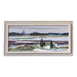 Mid-Century Modern Swedish "Planes" Vintage Expressive Landscape Oil Painting, Framed