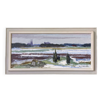 Mid-Century Modern Swedish "Planes" Vintage Expressive Landscape Oil Painting, Framed