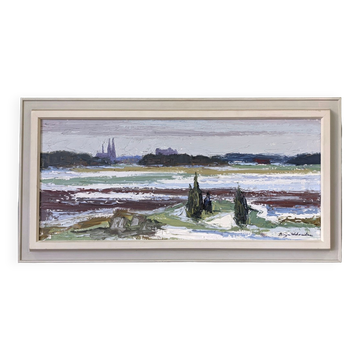 Mid-Century Modern Swedish "Planes" Vintage Expressive Landscape Oil Painting, Framed
