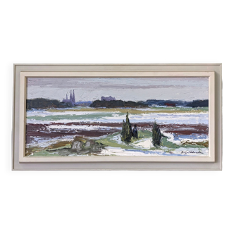 Peinture à l’huile de paysage moderne suédoise moderne du milieu du siècle Vintage Expressive Paysage, encadré