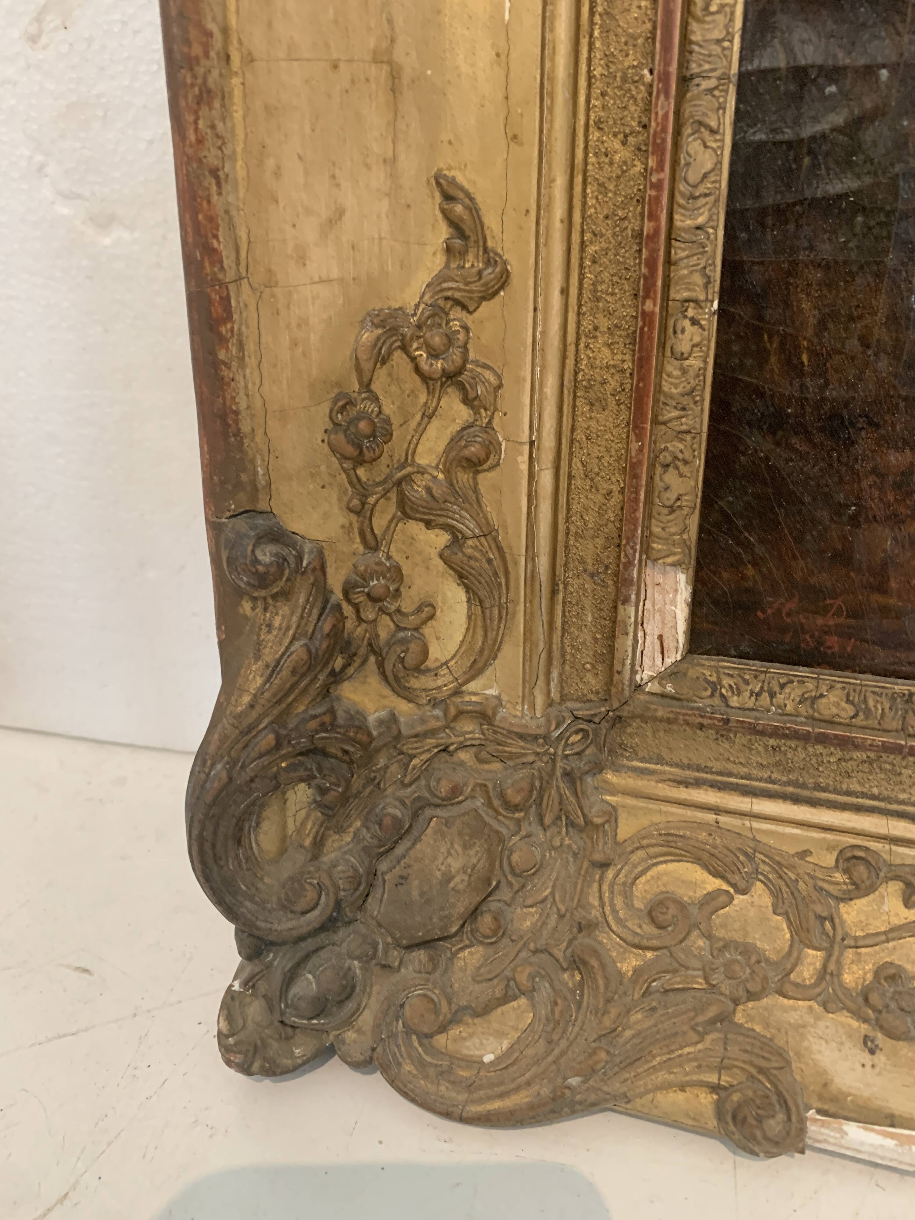 Oil on canvas "Animated landscape" wooden frame and gilded stucco 19th century