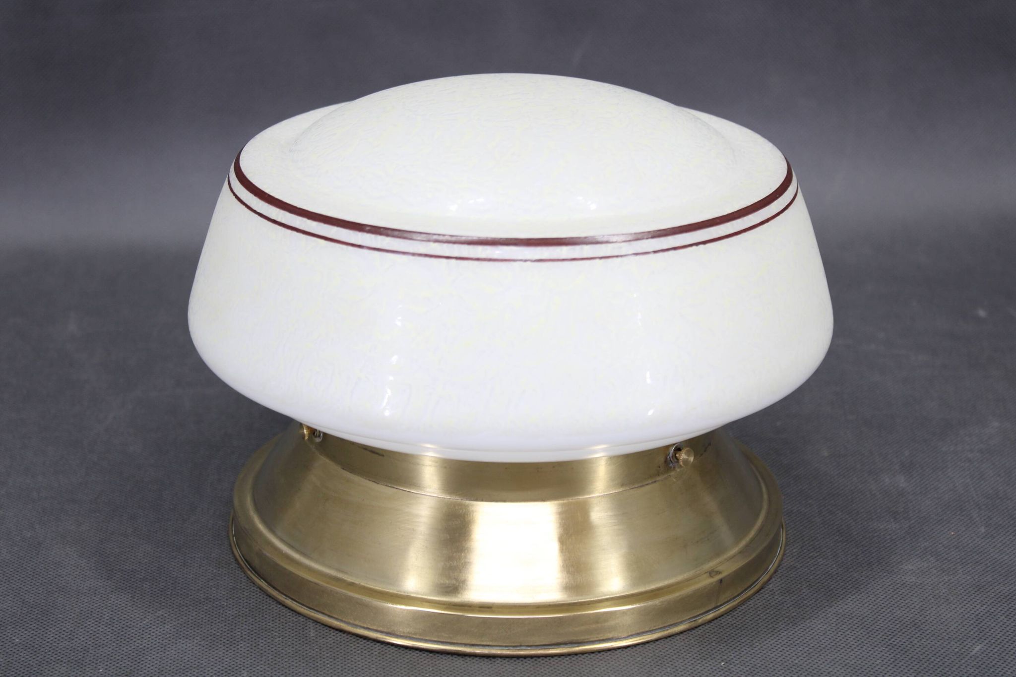 1930s Art Deco brass ceiling light with opaline glass shade, Czechoslovakia, Res