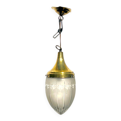 Suspension Art Déco en laiton doré et verre sculpté, années 1930