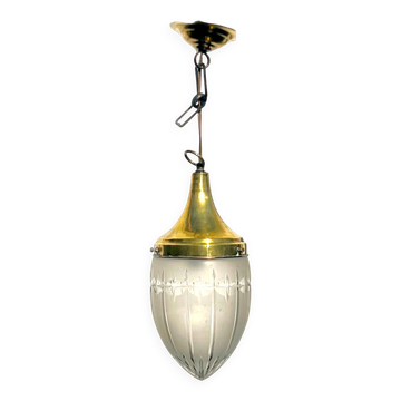 Art Deco suspension in gilded brass and sculpted glass, 1930s