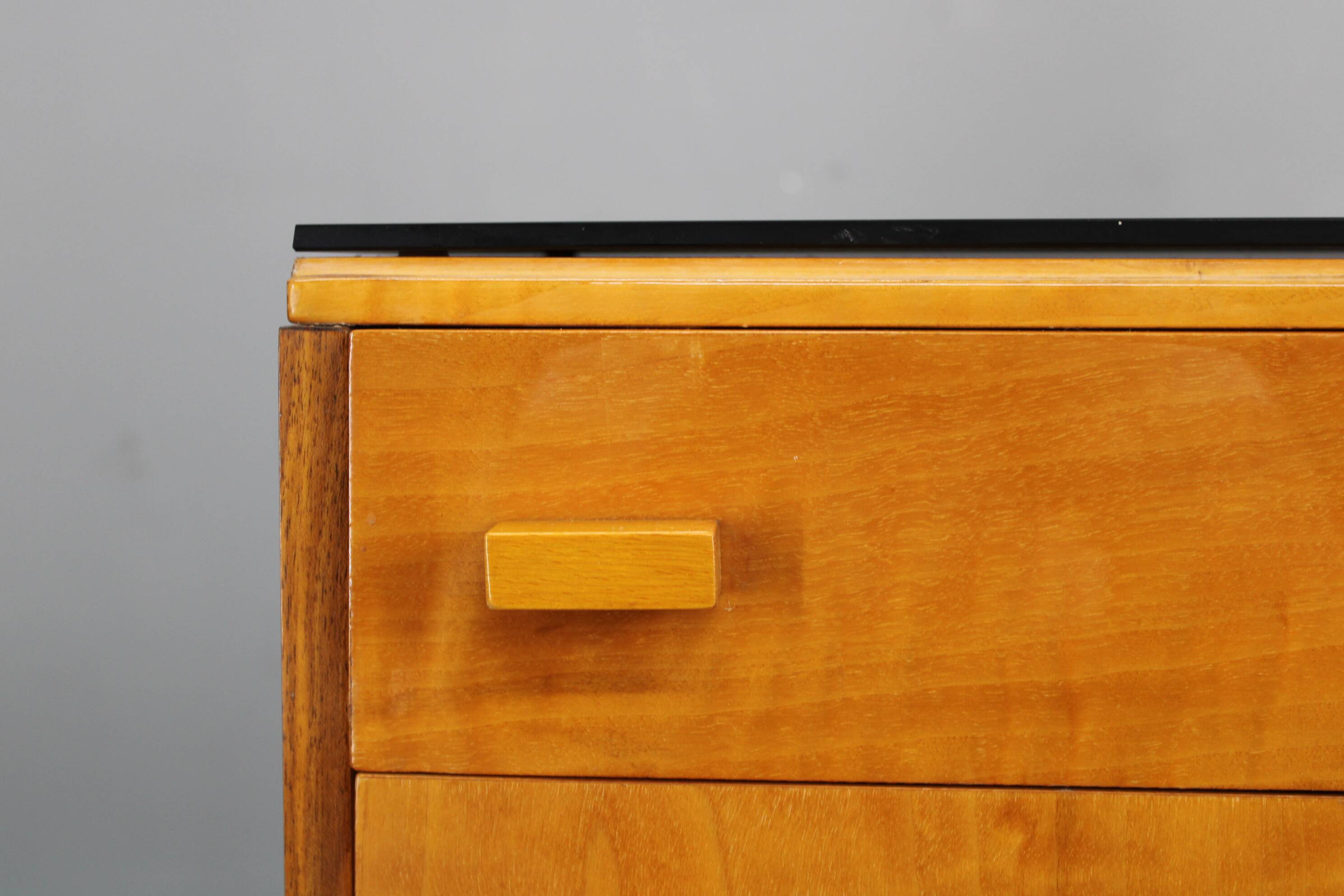 1960s František Mezulaník mid-century maple nightstands with black glass tops