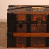 travel trunk from the early 20th century made of leather and wood