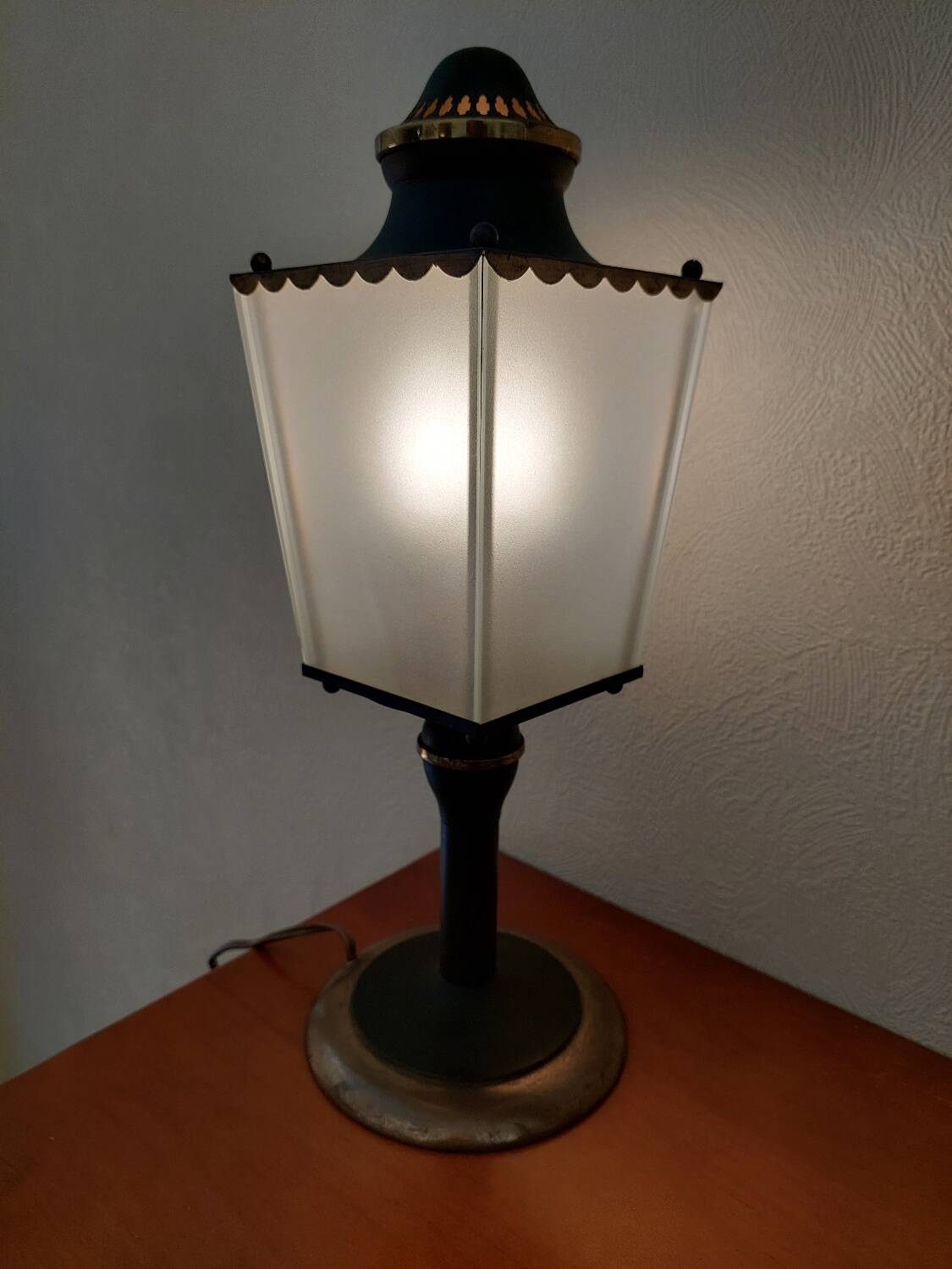 Arlus lamp in black metal, brass and glass circa 1950