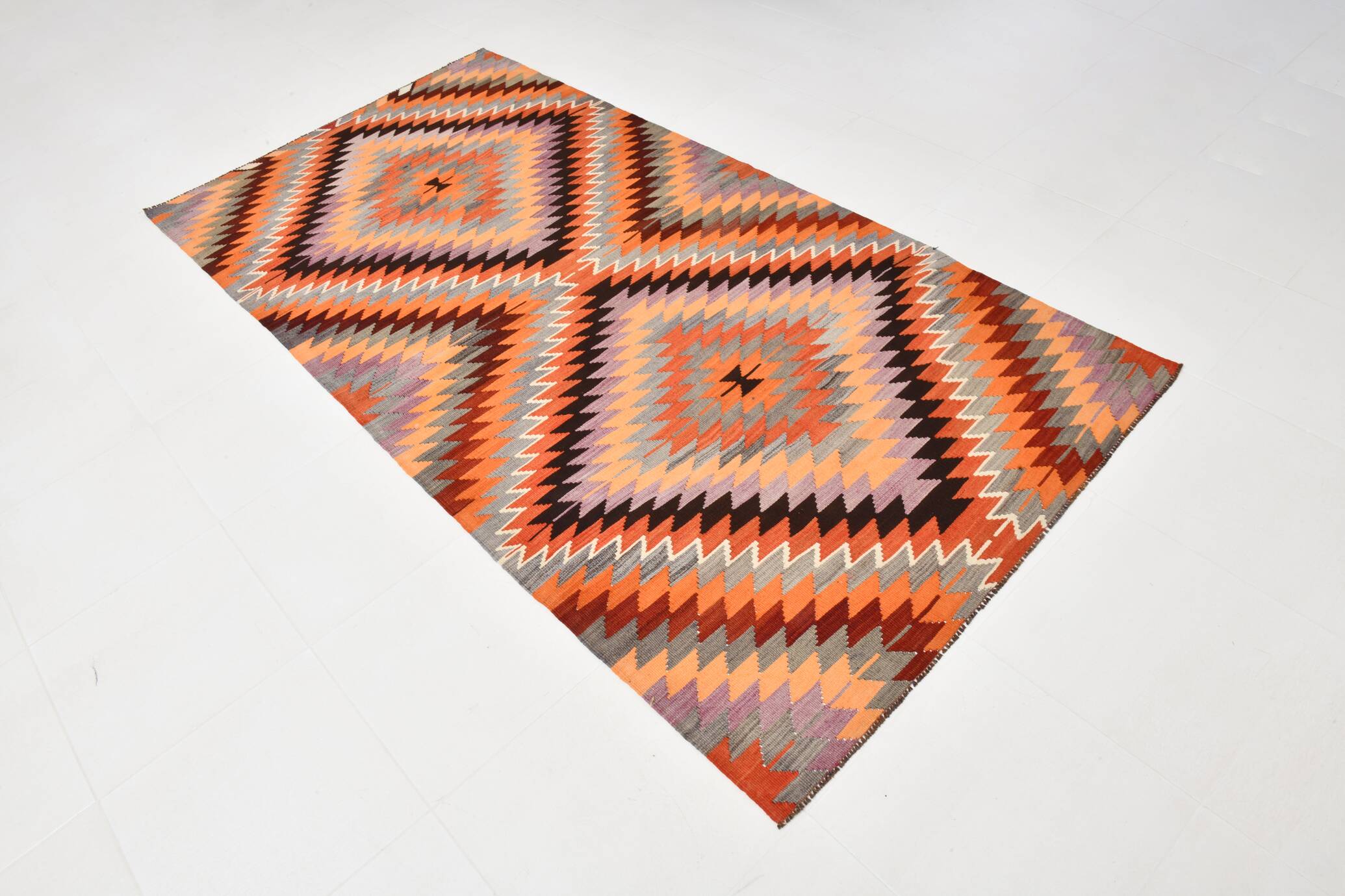 Purple & Orange Geometric Kilim Rug, 126x253Cm