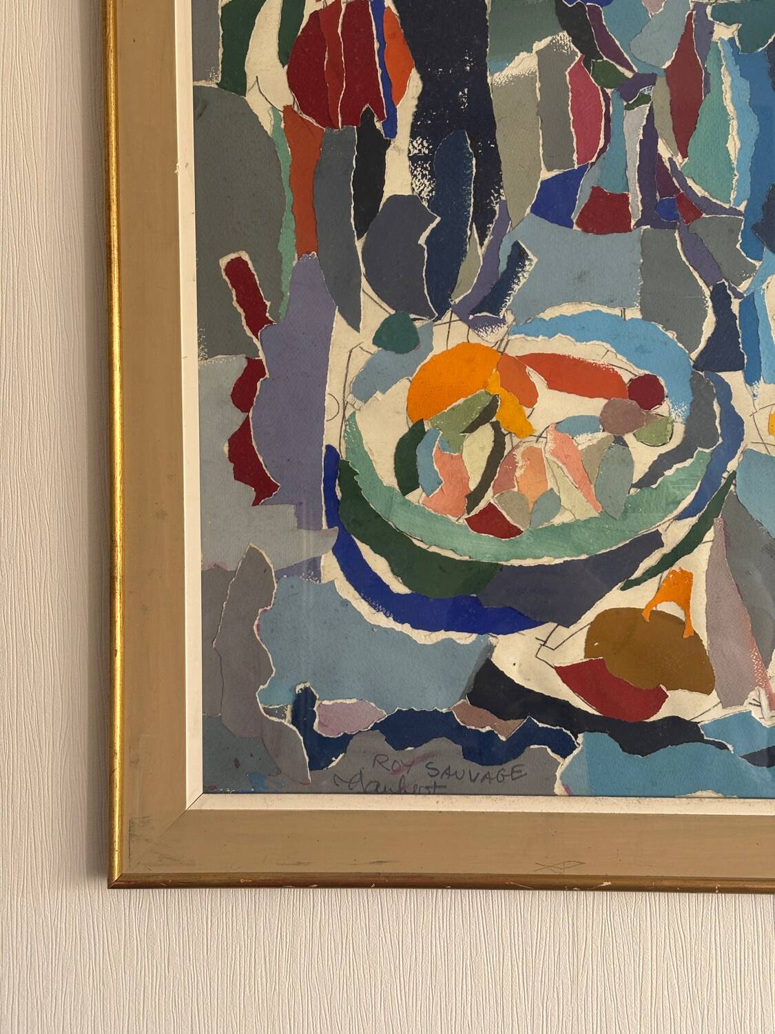 Tableau collage « le fouillis Bleu » signé