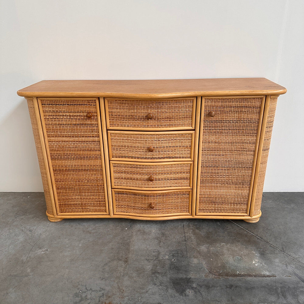 Vintage curved rattan sideboard, coastal credenza, wicker cabinet, boho buffet