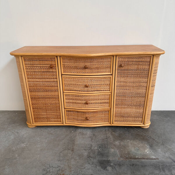 Buffet en rotin courbé vintage, crédence côtière, cabinet en osier, buffet boho