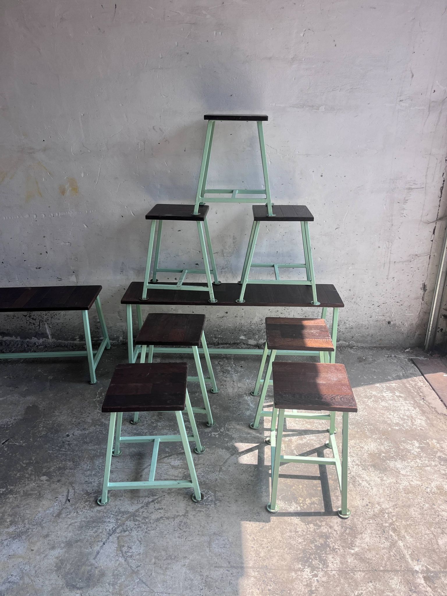 Vintage industrial benches and stools, set of 9, 1950s–1960s