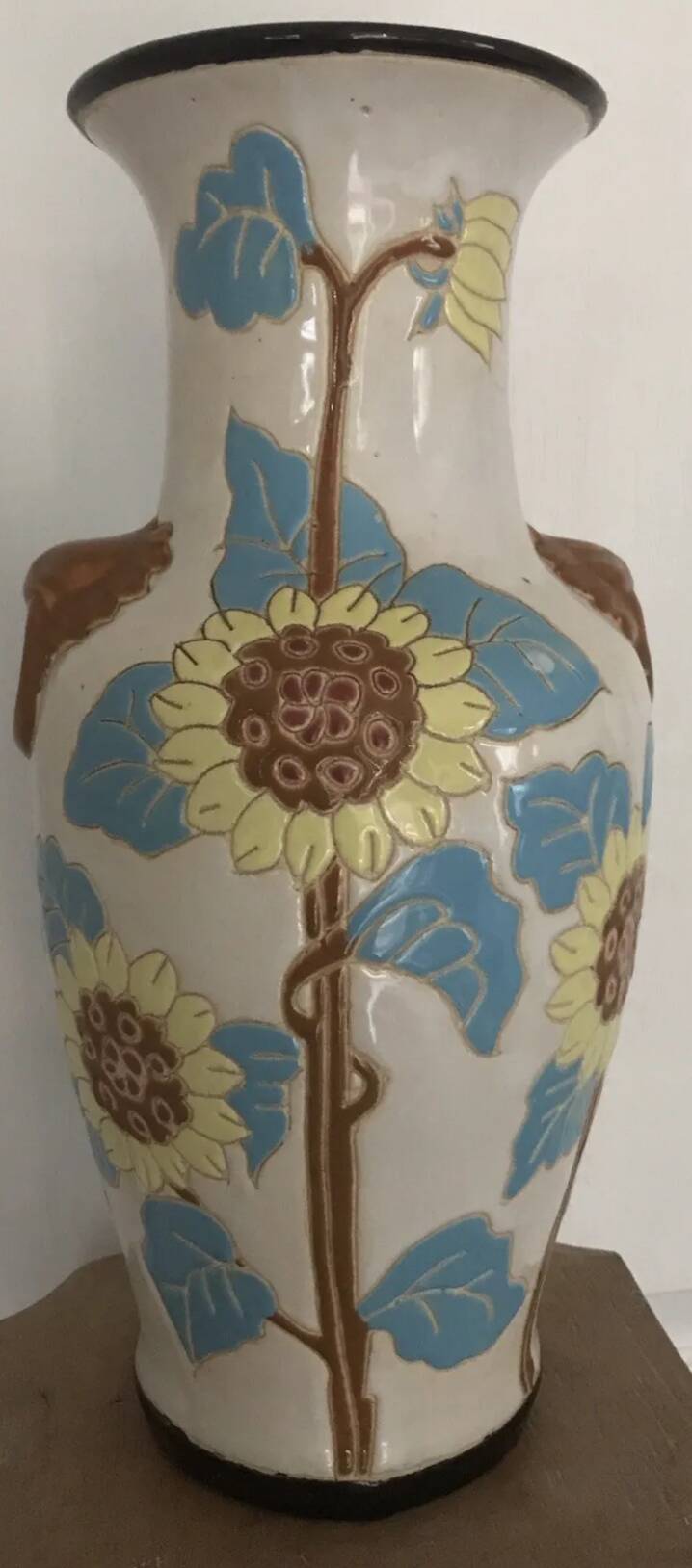 Glazed ceramic vase with polychrome decoration of sunflower flowers 36 cm