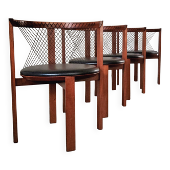 Niels Jorgen Haugesen String wood and leather chairs for Tranekaer, Denmark