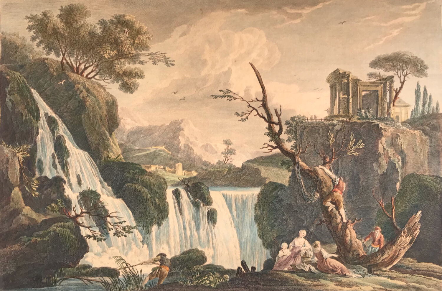 LACROIX of MARSEILLE. The Cascade of Tivoli, 1760. Enhanced etching.
