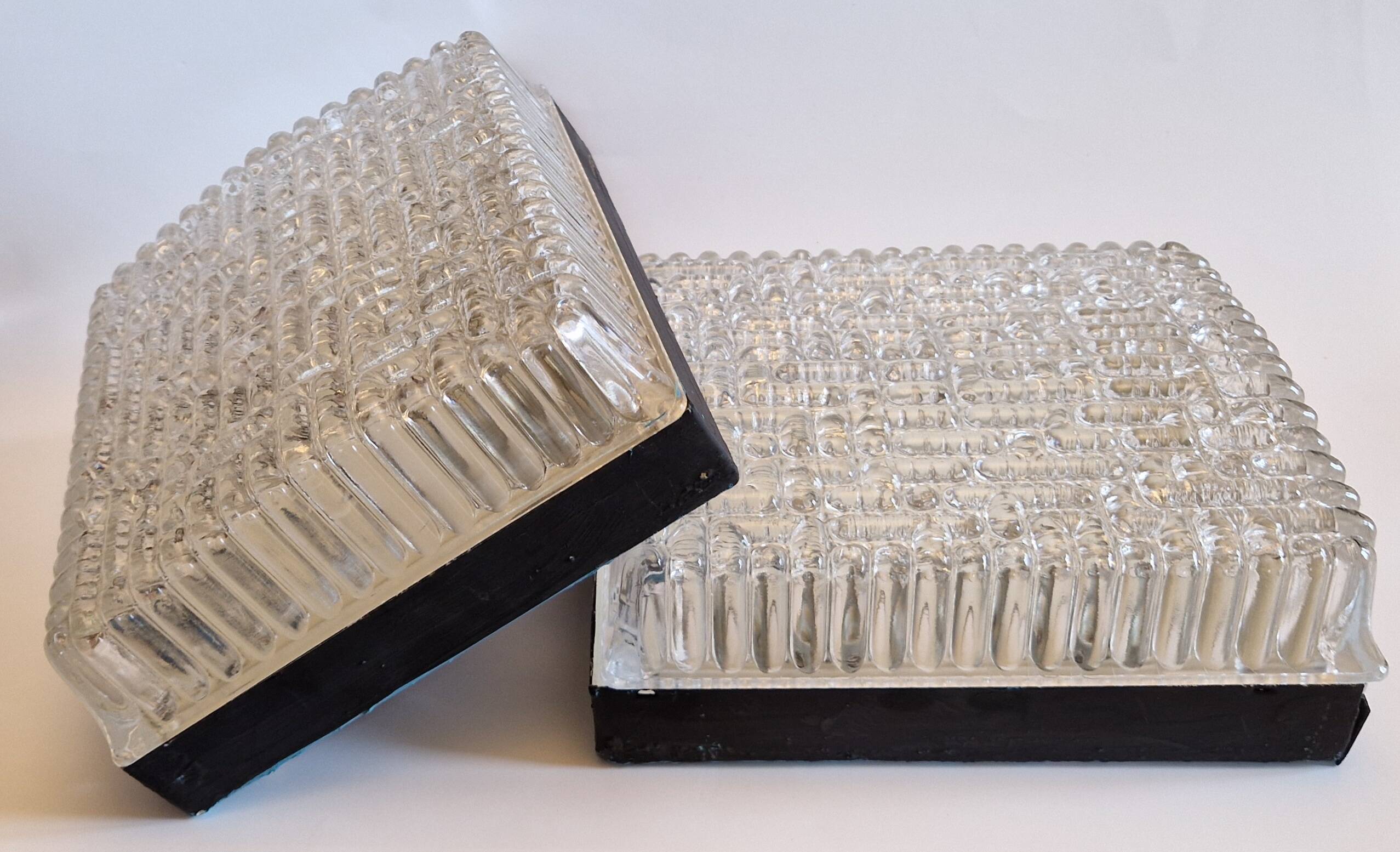 Pair of rectangular wall/ceiling lights in molded glass, 1960s