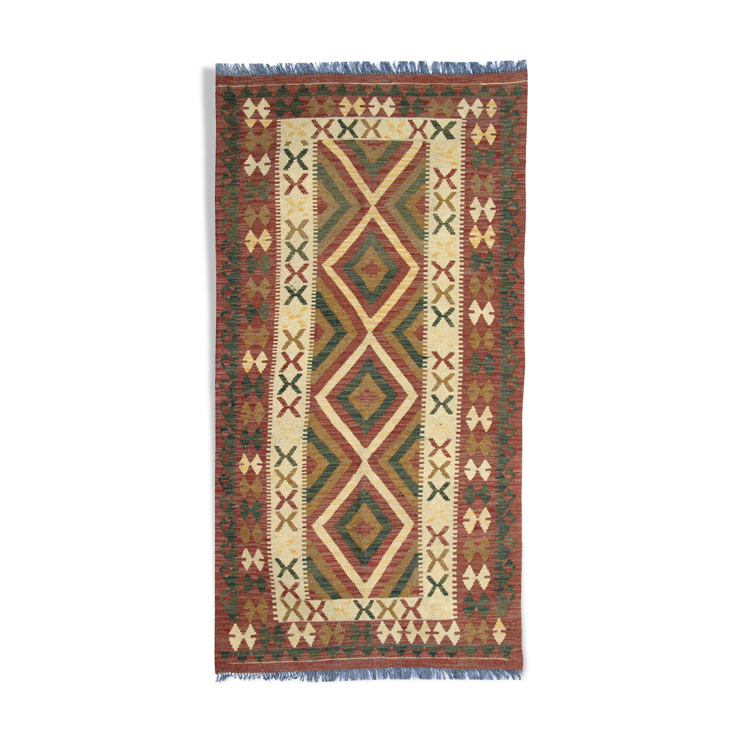Vintage handmade afghan kilim, flat-woven brown wool geometric rug- 97x198cm