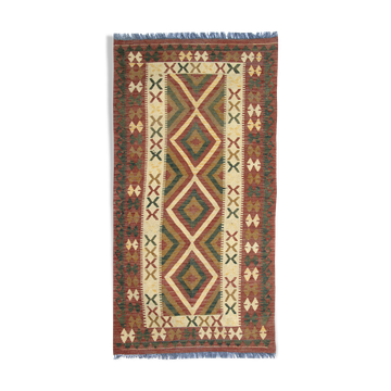 Vintage handmade afghan kilim, flat-woven brown wool geometric rug- 97x198cm
