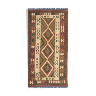 Vintage handmade afghan kilim, flat-woven brown wool geometric rug- 97x198cm
