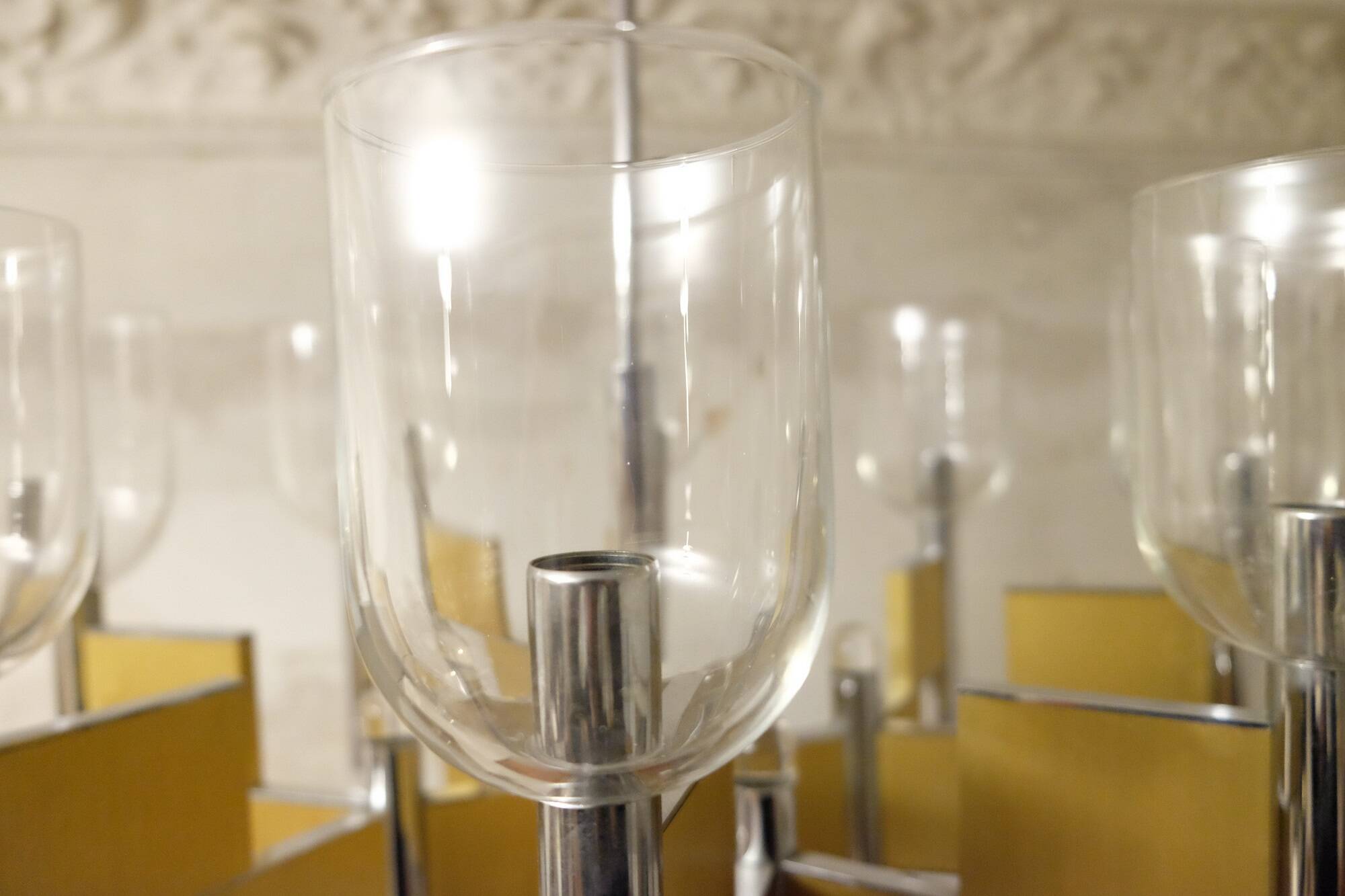 Italian 8-arm brass and glass chandelier by Sciolari, 1970s