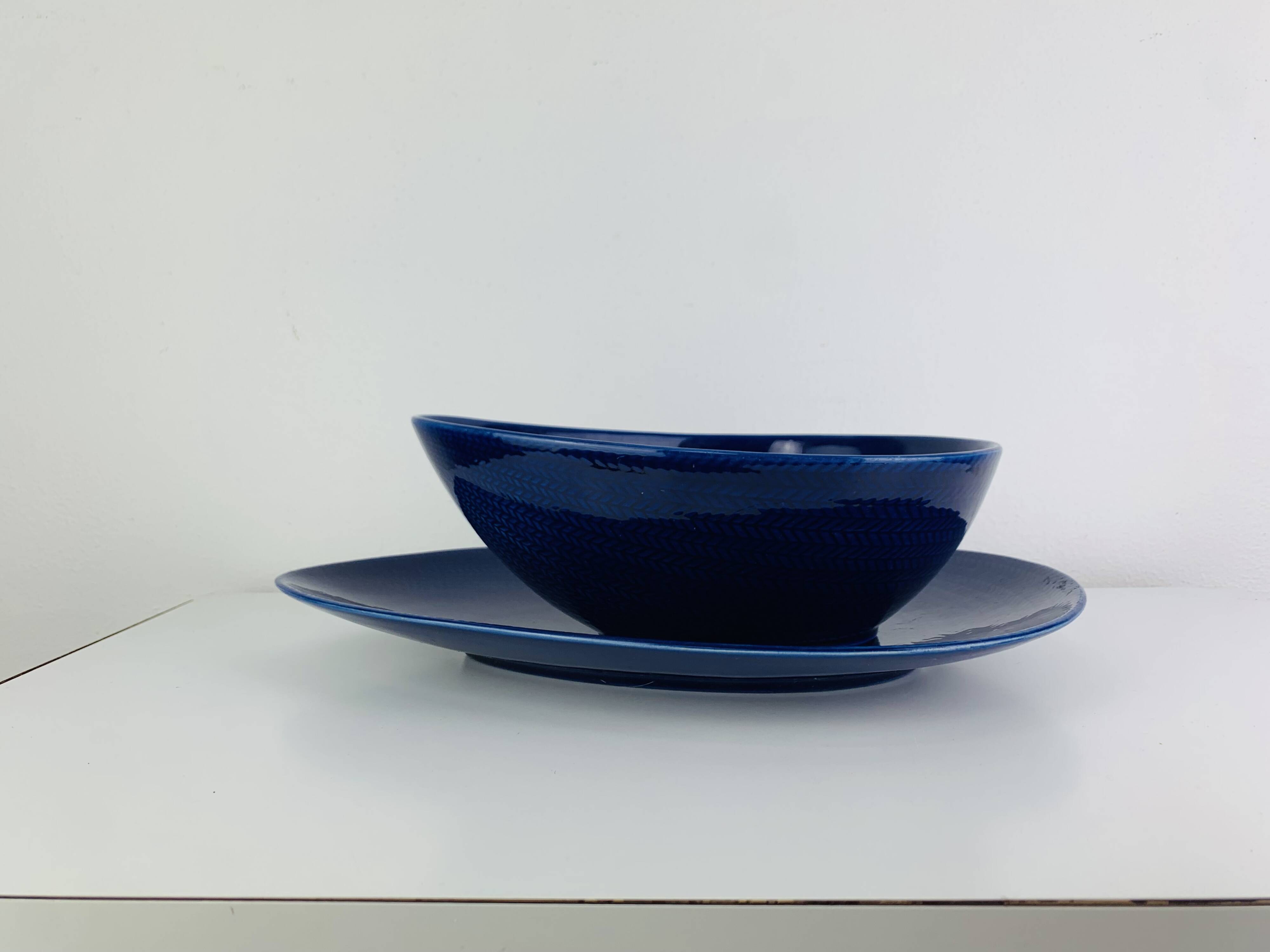 Dish and bowl Blå eld by Hertha Bengtson for Rörstrand Sweden, ceramic.