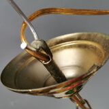 green hanging lamp in double layer glass (white inside) with wooden top and safety chain,