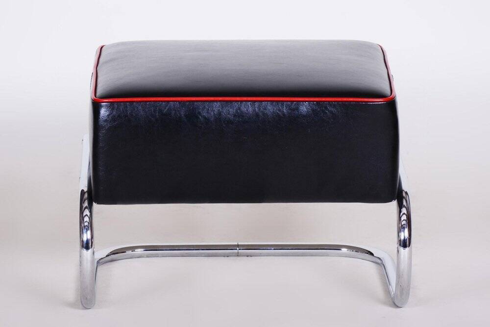 Bauhaus Stool in Leather and Chrome-Plated Steel from R. Slezák, Czech, 1930s