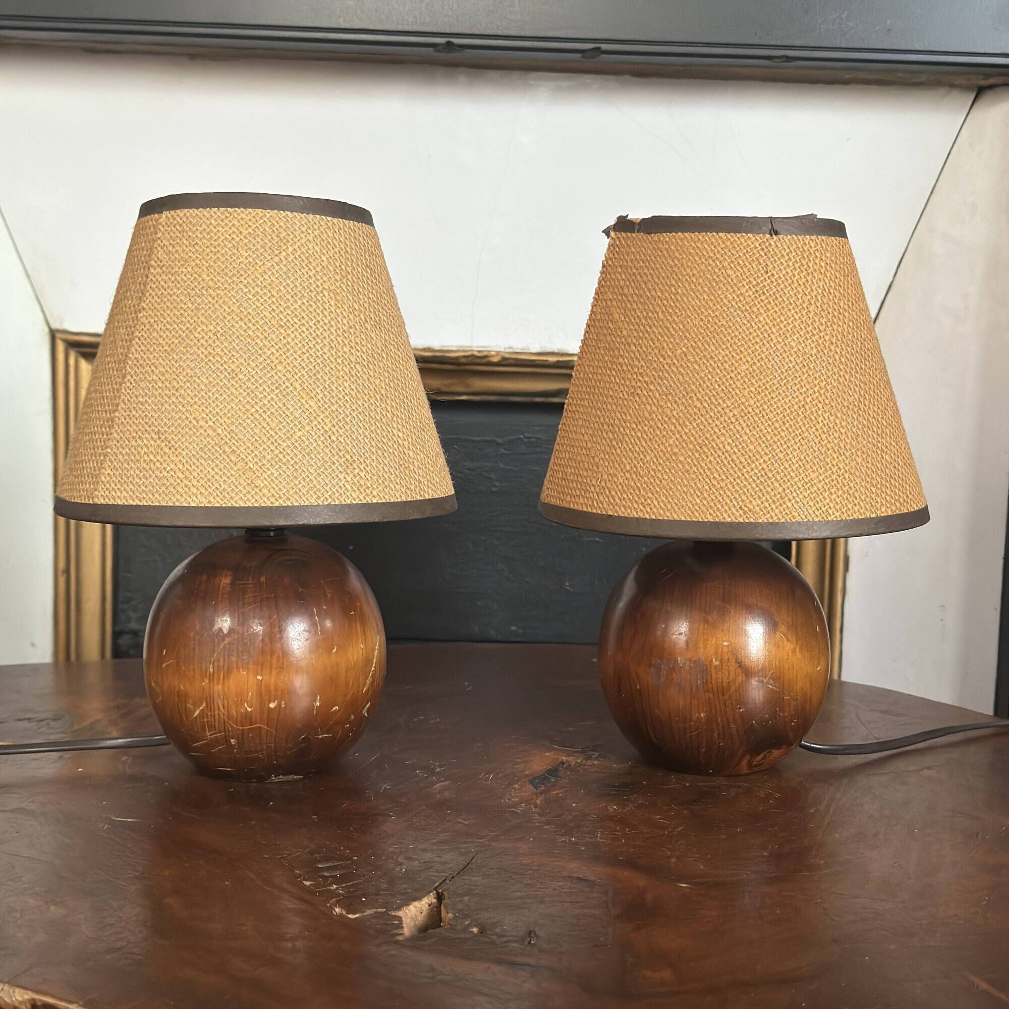 Pair of vintage brutalist wooden bedside lamps 1950