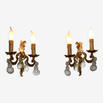 Beautiful Bronze Scrolling Acanthus Leaf Double Crystal Wall Sconces 4049