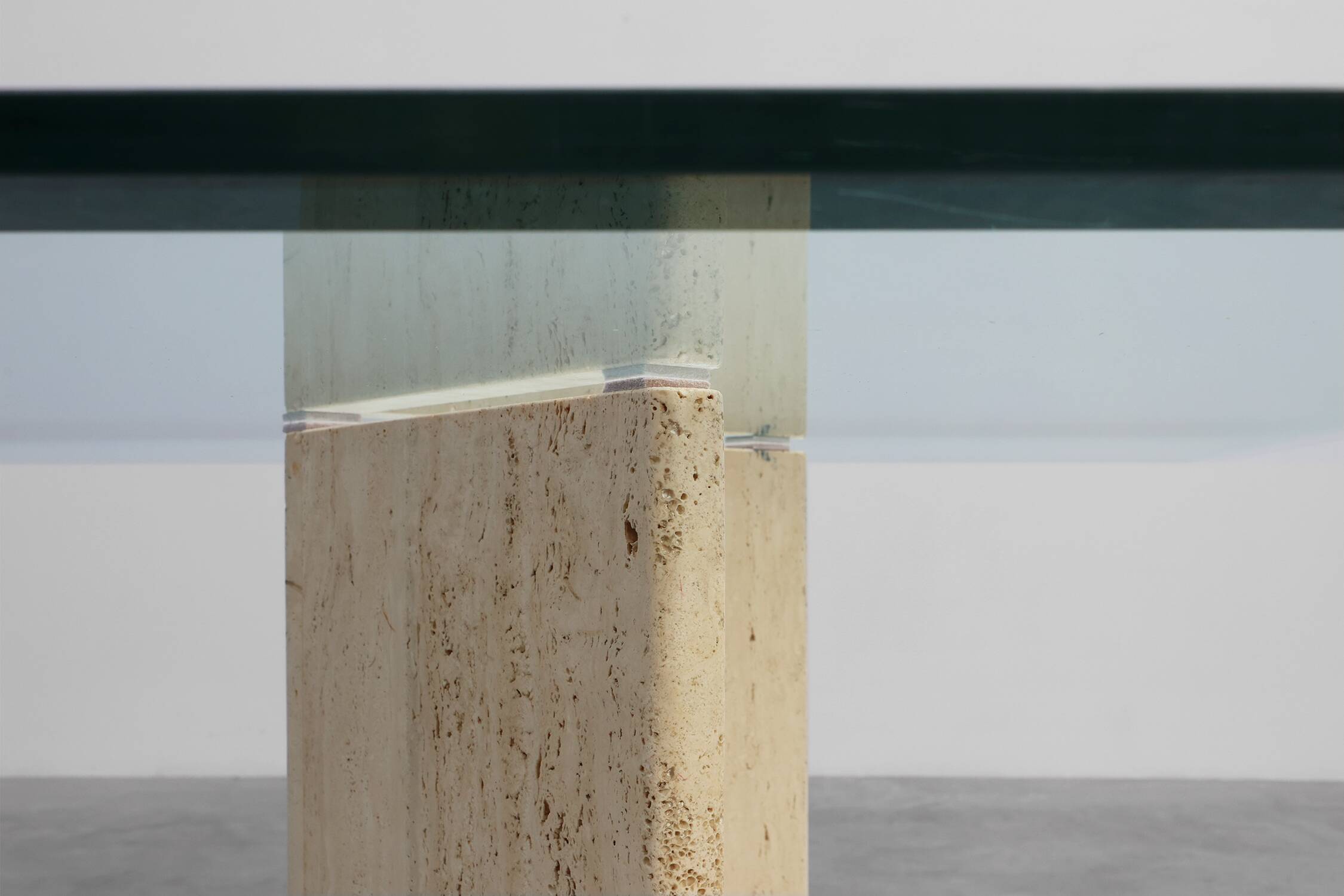 Mid‑Century Italian Dining Table with Glass Top and Travertine Base, 1970s