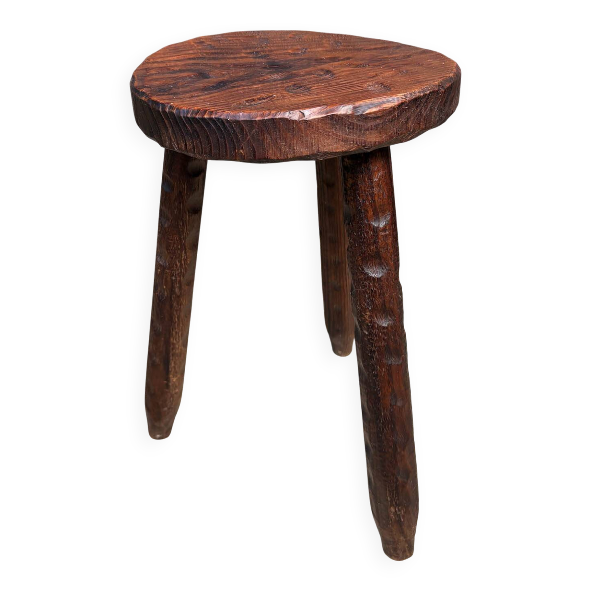 Rustic Tripod Stool in Solid Wood, Brutalist Style, Early 20th Century