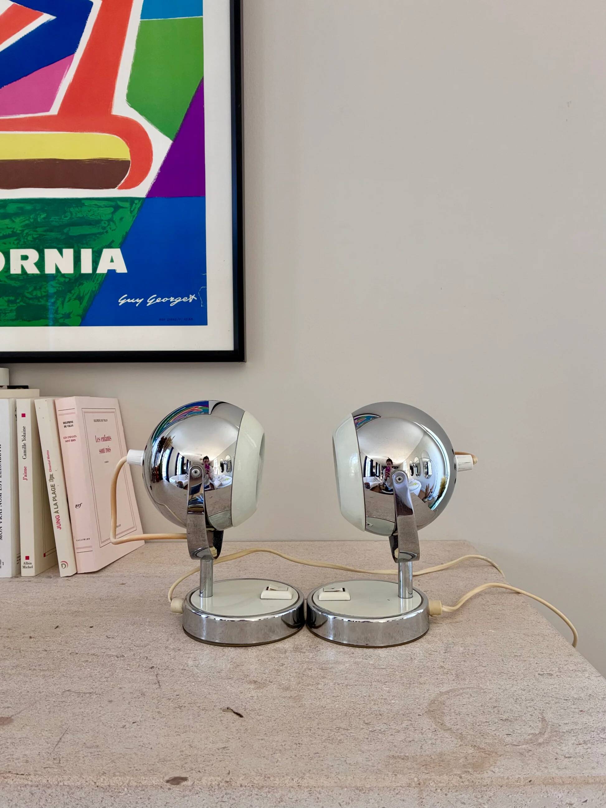 Pair of "Eye-ball" lamps in chrome metal - 1970.