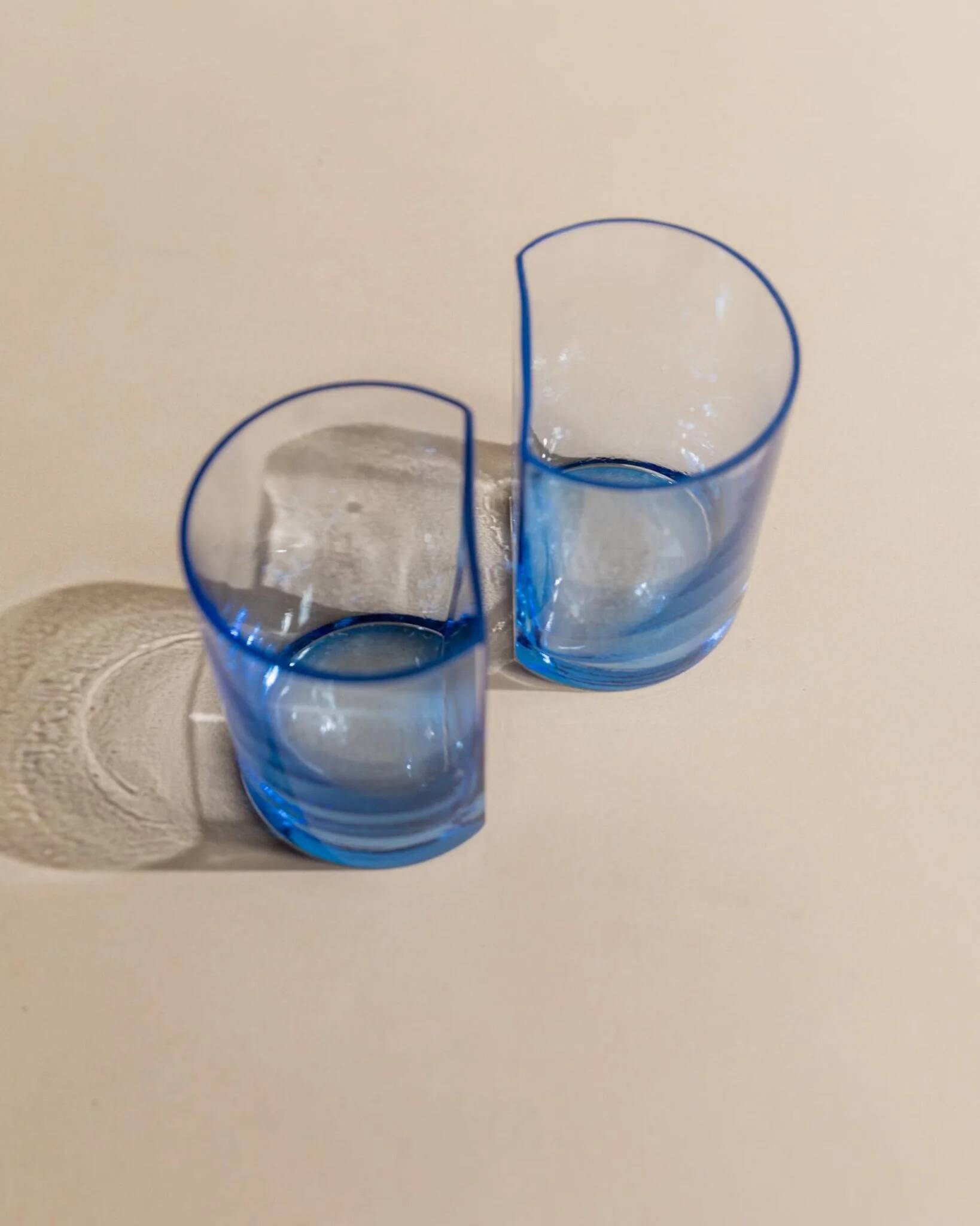 Six Blue Glass Tumblers by Pitti Studio - Vintage Italian Mid-Century Arched Glassware