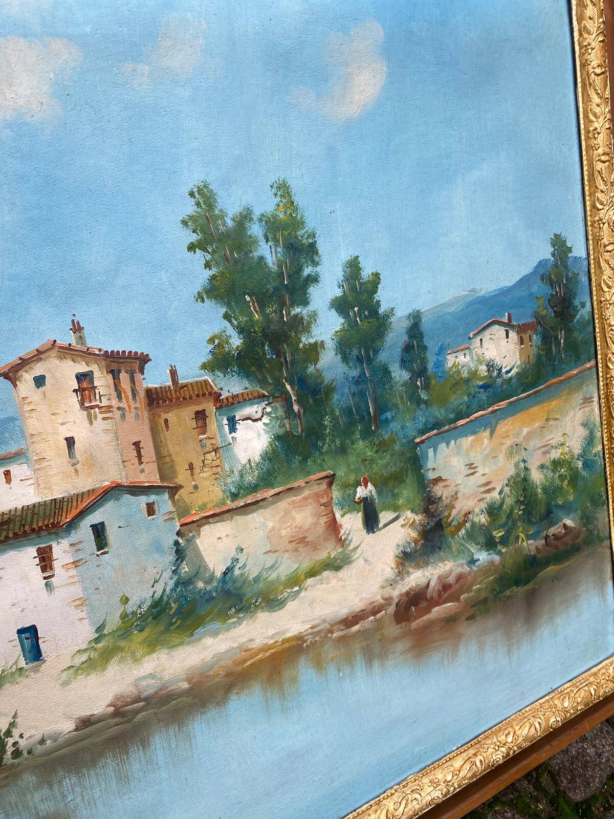 Oil painting on canvas, house and lake, 120x80cm