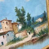 Oil painting on canvas, house and lake, 120x80cm