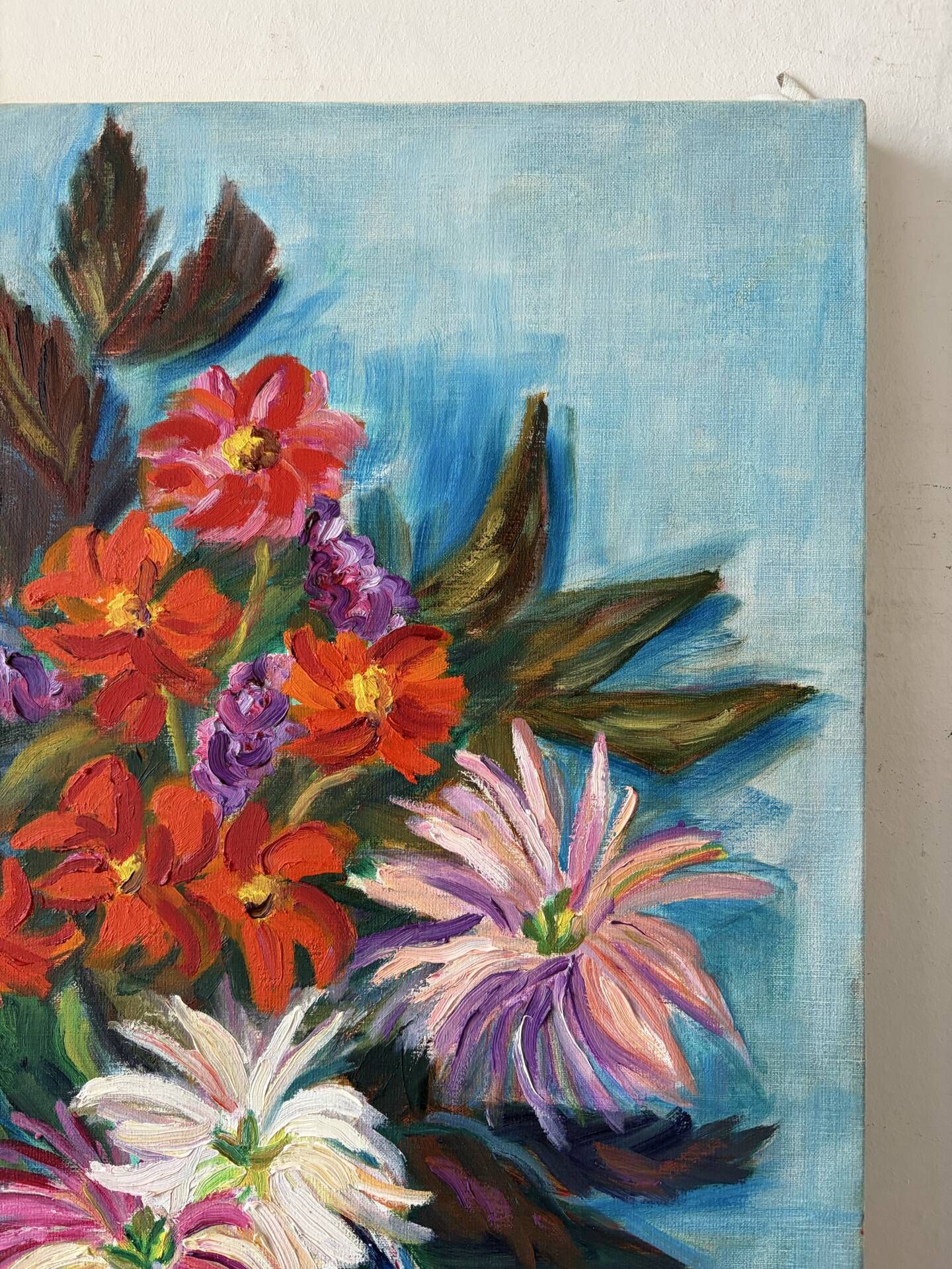 Dahlias and Zinnias, oil on canvas signed Gisèle Renaut