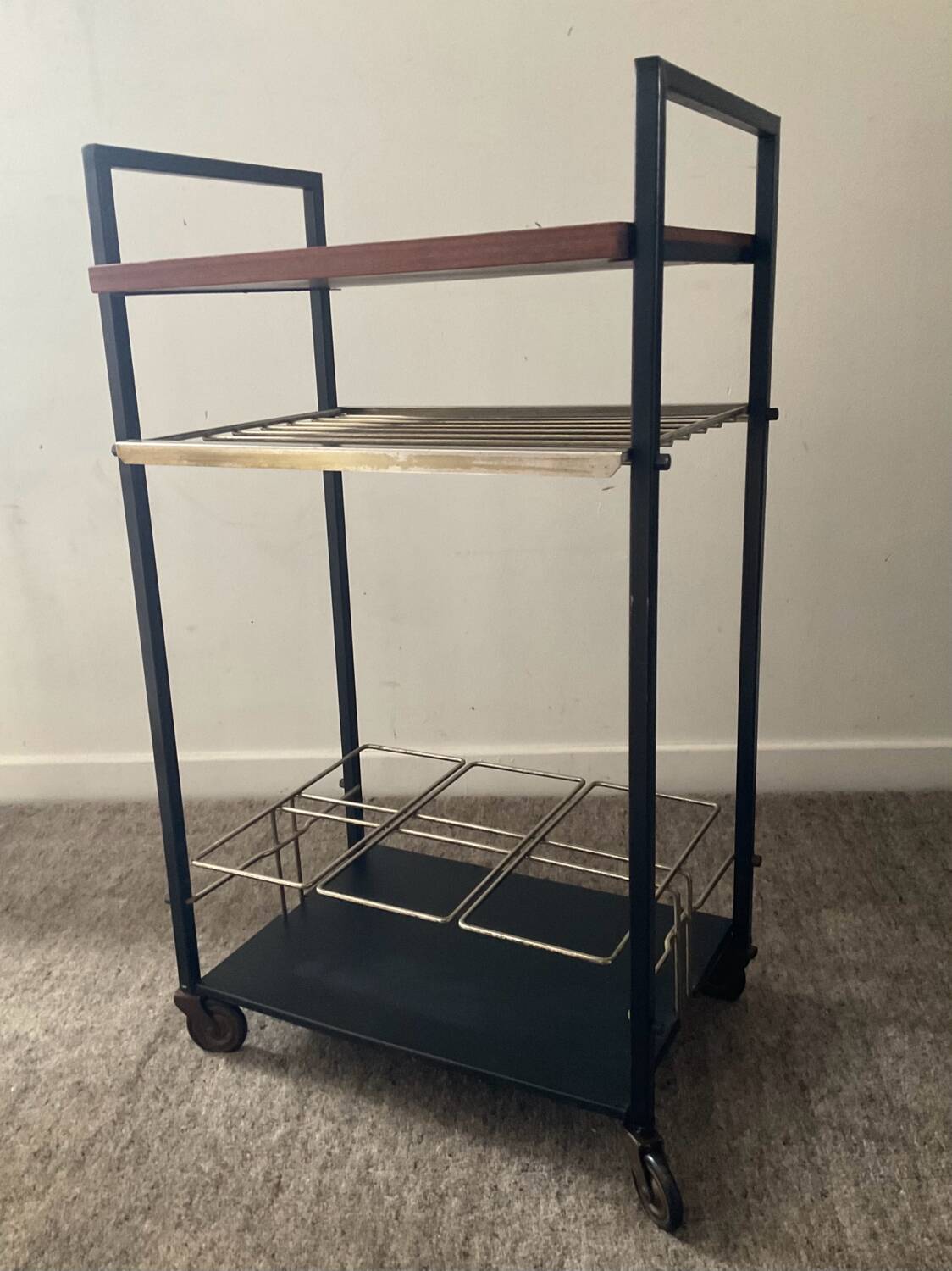 Vintage teak and metal bar trolley